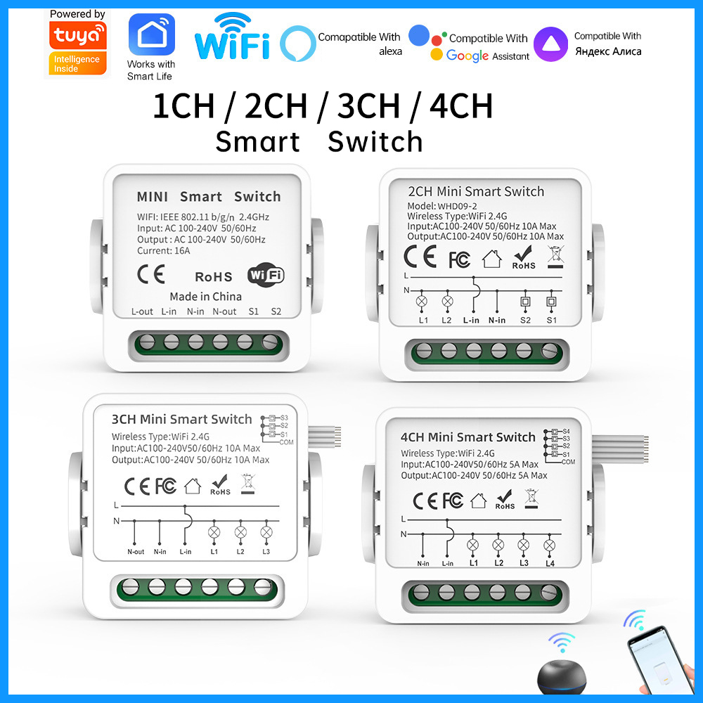 Smart Light Switch Wifi - Tuya WiFiスマートスイッチ 1/2/3/4連 4ウェイ ミニスマートライトブレーカー スマートライフ、アレクサ、グーグルホームの音声制御に対応
